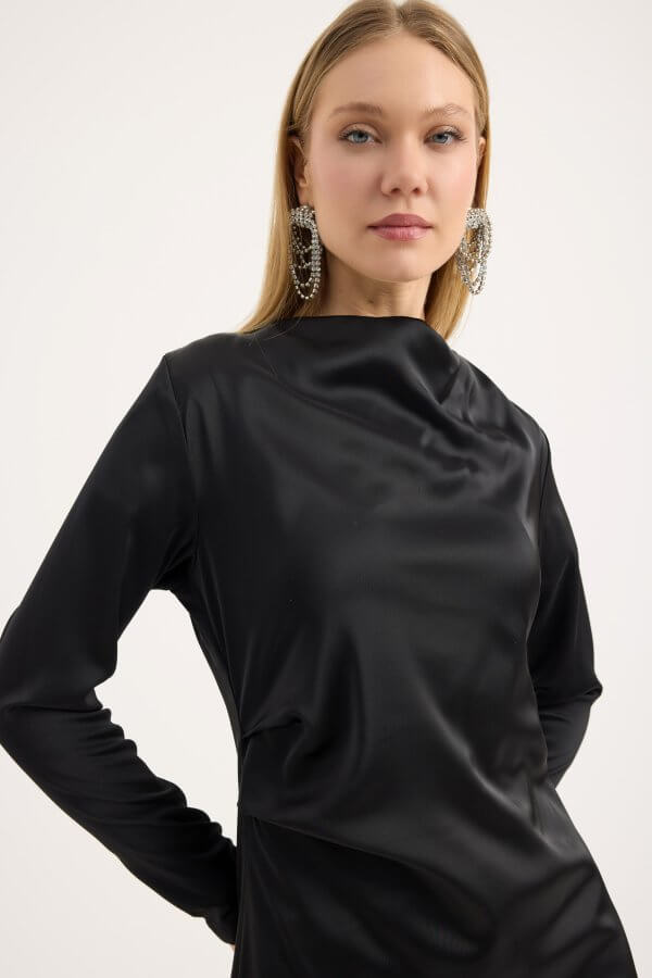 Siyah Saten Drape Elbise - Görsel 3