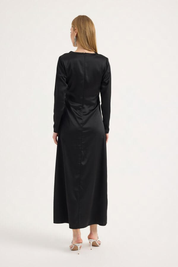 Siyah Saten Drape Elbise - Görsel 6