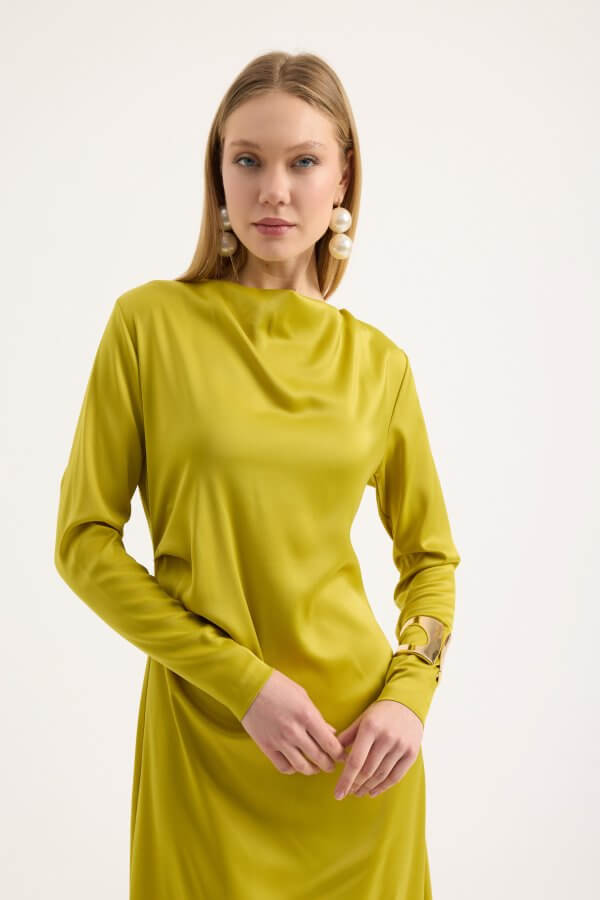 Yağ Yeşili Saten Drape Elbise - Görsel 6