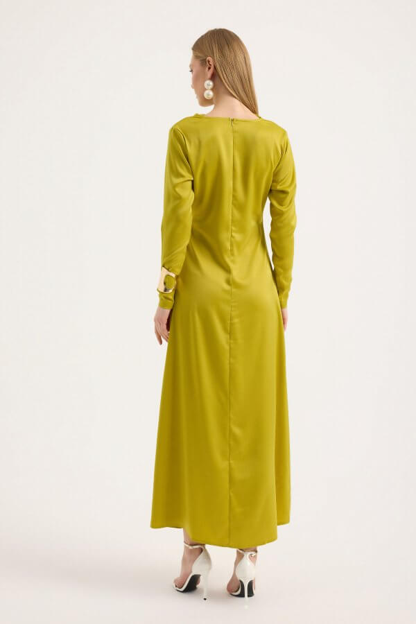 Yağ Yeşili Saten Drape Elbise - Görsel 7