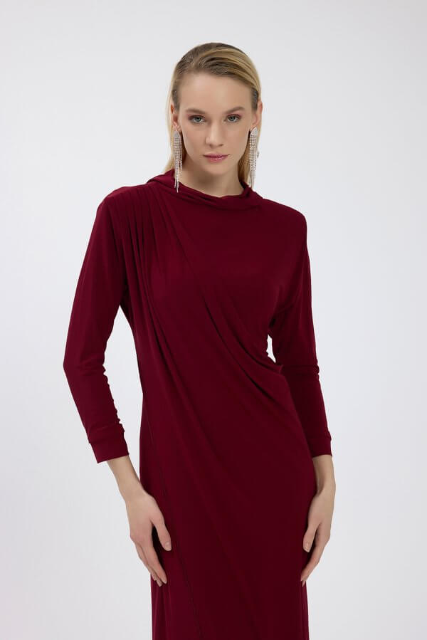 Bordo Drape Detaylı Elbise - Görsel 7