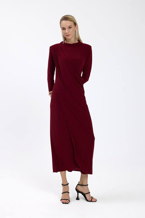 Bordo Drape Detaylı Elbise - Görsel 2