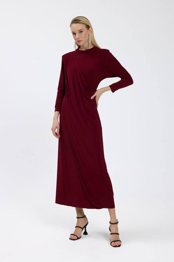 Bordo Drape Detaylı Elbise - Görsel 4