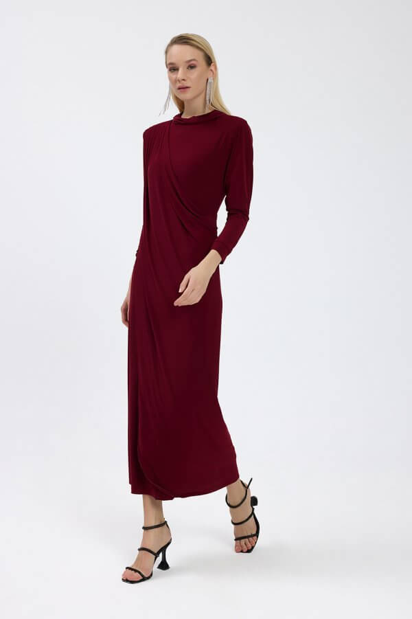 Bordo Drape Detaylı Elbise - Görsel 5