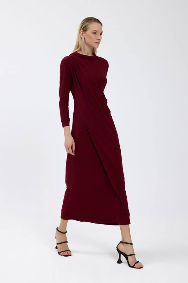 Bordo Drape Detaylı Elbise - Görsel 6