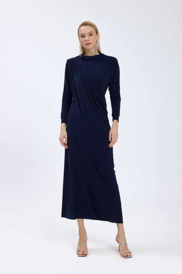 Lacivert Drape Detaylı Elbise - Görsel 2