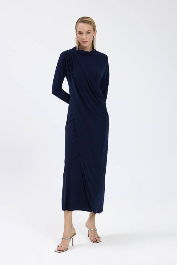 Lacivert Drape Detaylı Elbise - Görsel 3