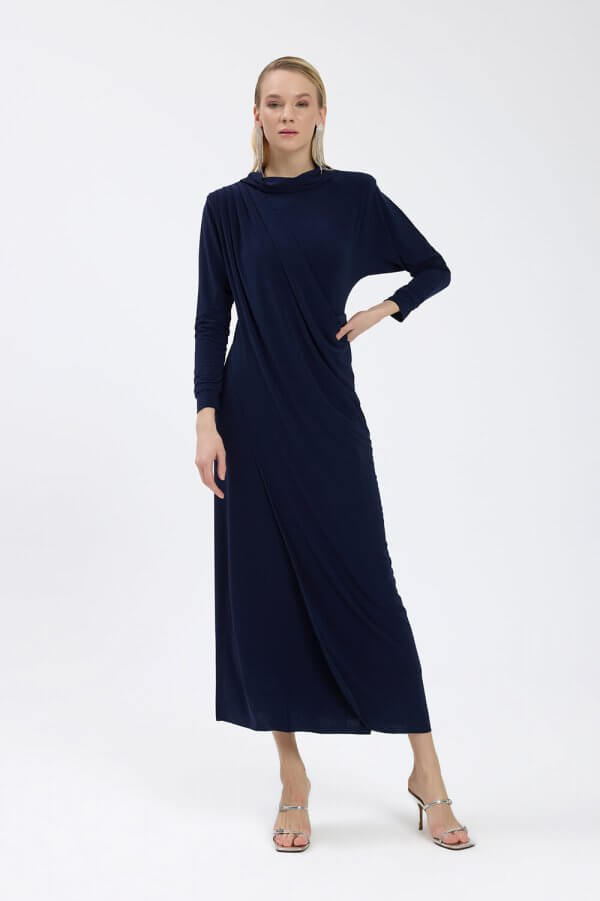 Lacivert Drape Detaylı Elbise - Görsel 4