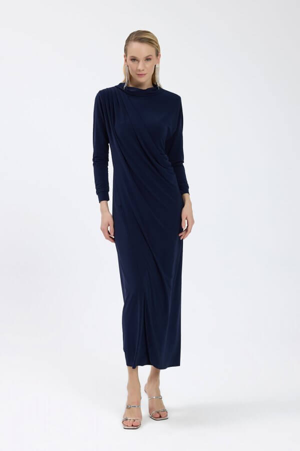 Lacivert Drape Detaylı Elbise - Görsel 5
