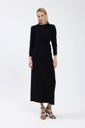Siyah Drape Detaylı Elbise