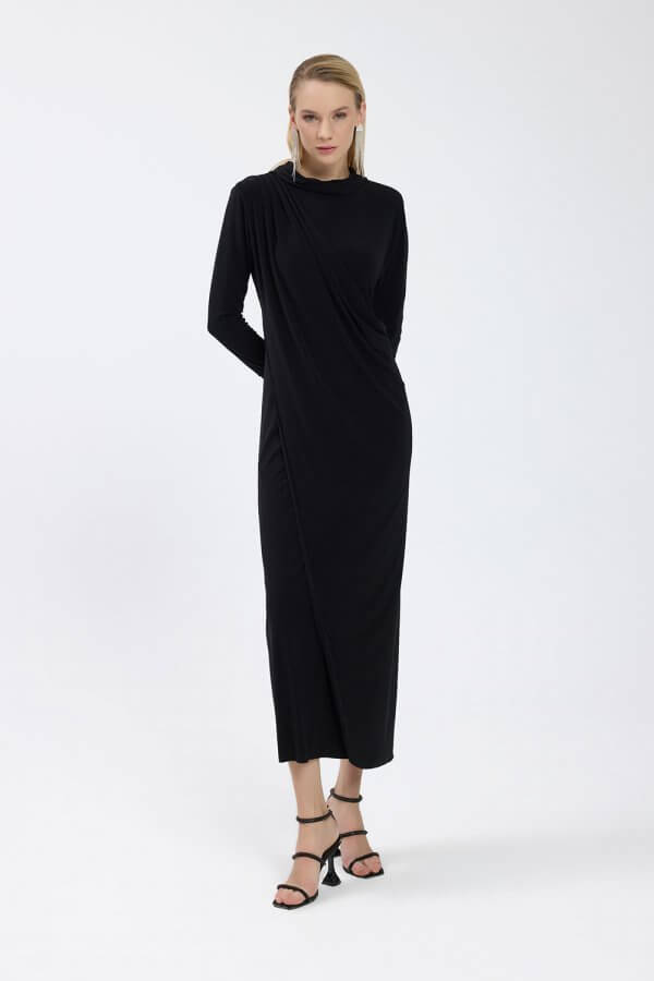 Siyah Drape Detaylı Elbise - Görsel 2
