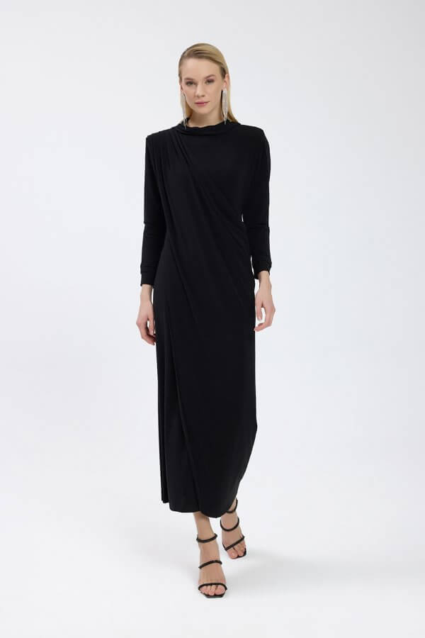 Siyah Drape Detaylı Elbise - Görsel 3