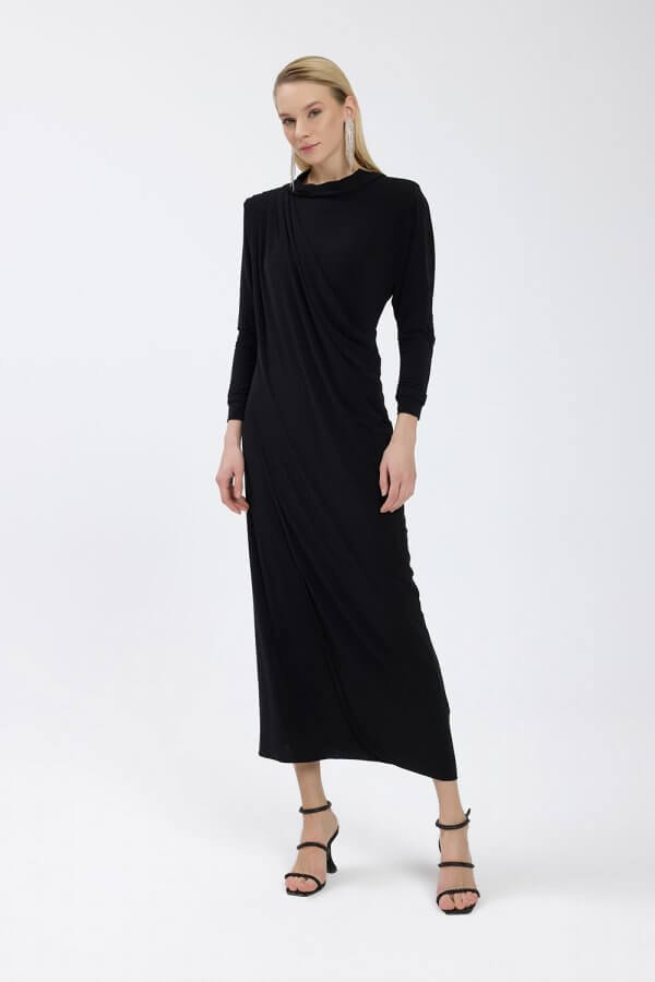 Siyah Drape Detaylı Elbise - Görsel 4