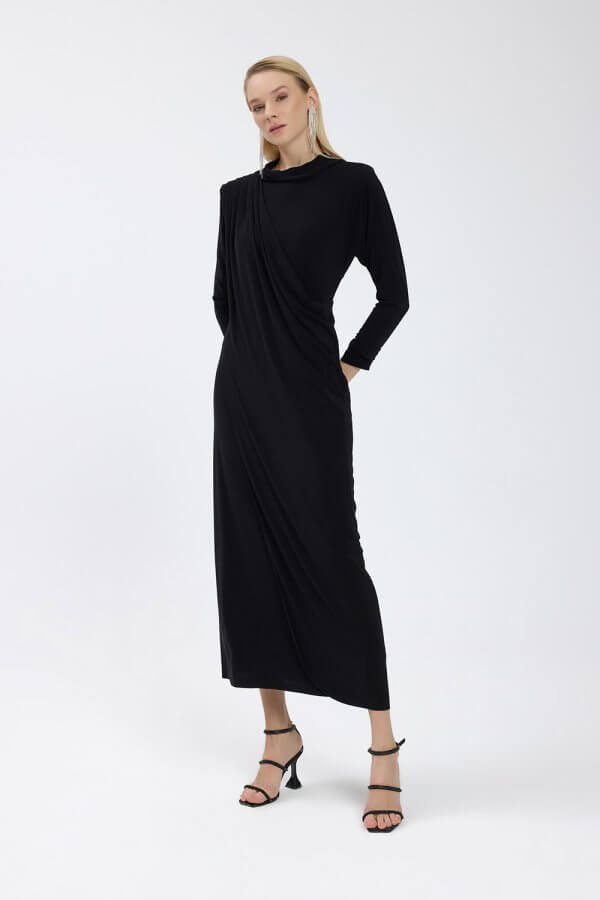 Siyah Drape Detaylı Elbise - Görsel 5