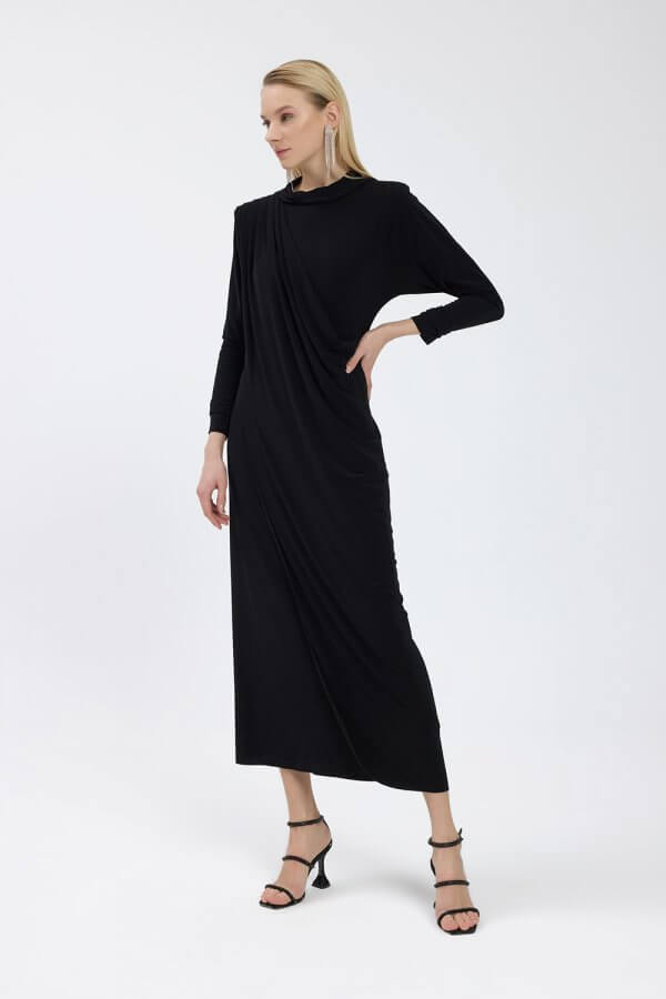Siyah Drape Detaylı Elbise - Görsel 6