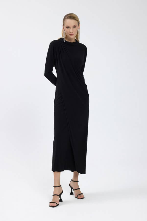 Siyah Drape Detaylı Elbise - Görsel 7