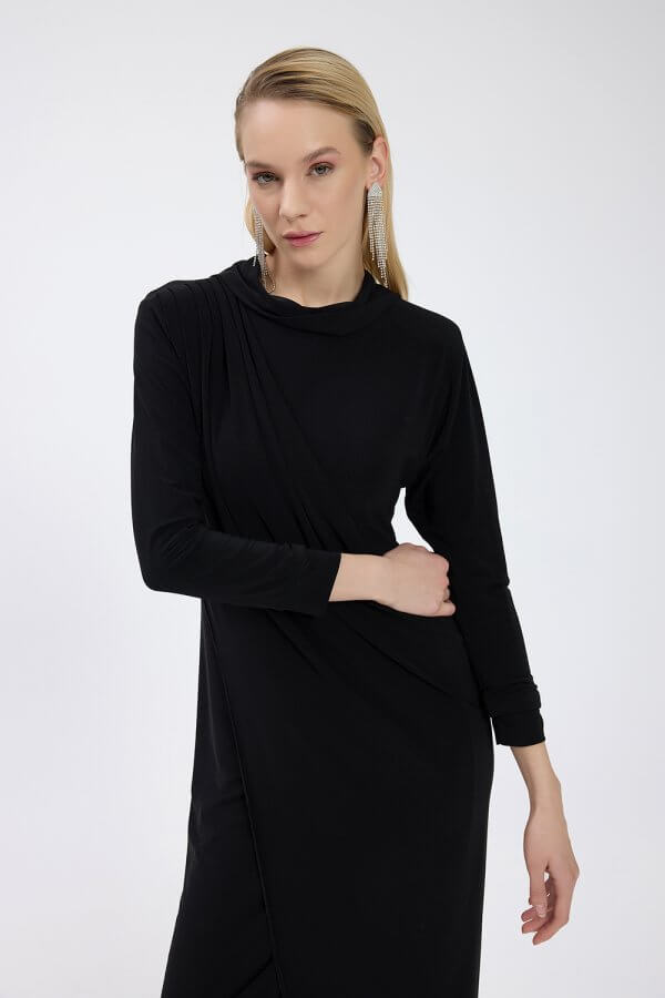 Siyah Drape Detaylı Elbise - Görsel 8