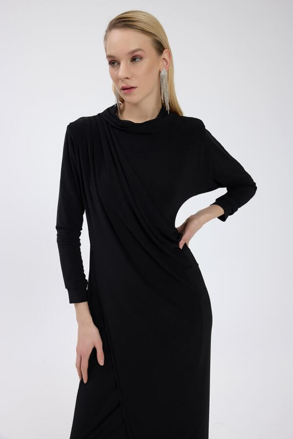 Siyah Drape Detaylı Elbise - Görsel 9