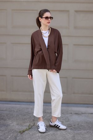 Kahverengi Kraşlı Kimono