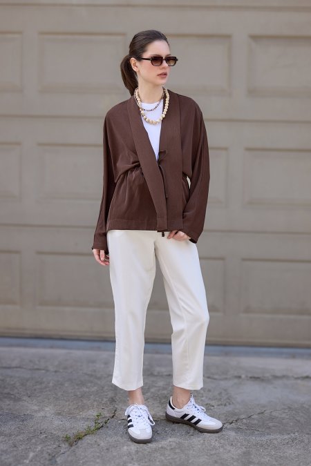 Kahverengi Kraşlı Kimono