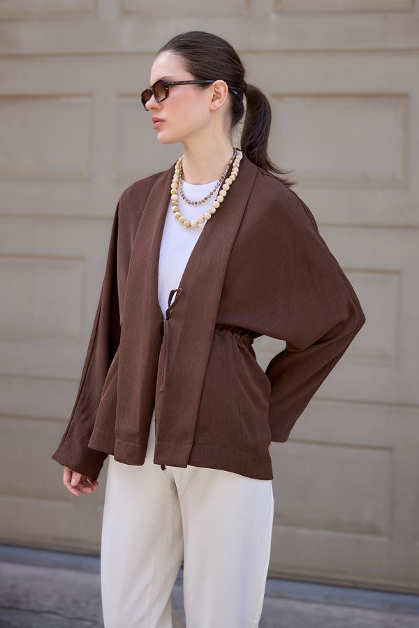 Kahverengi Kraşlı Kimono - Görsel 4