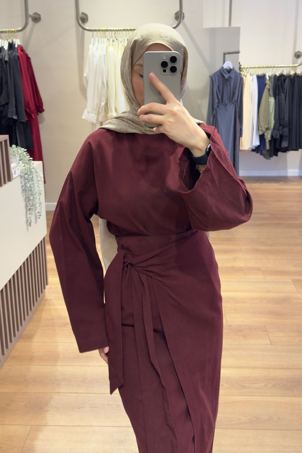 Bordo Keten Anvelop Bluz Takım - Görsel 2