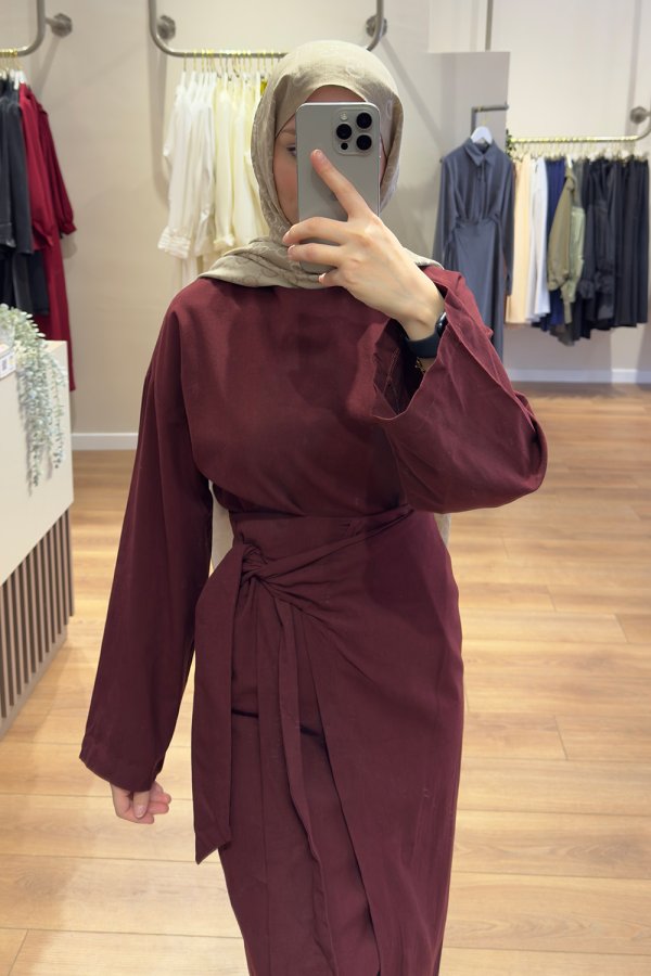 Bordo Keten Anvelop Bluz Takım - Görsel 3
