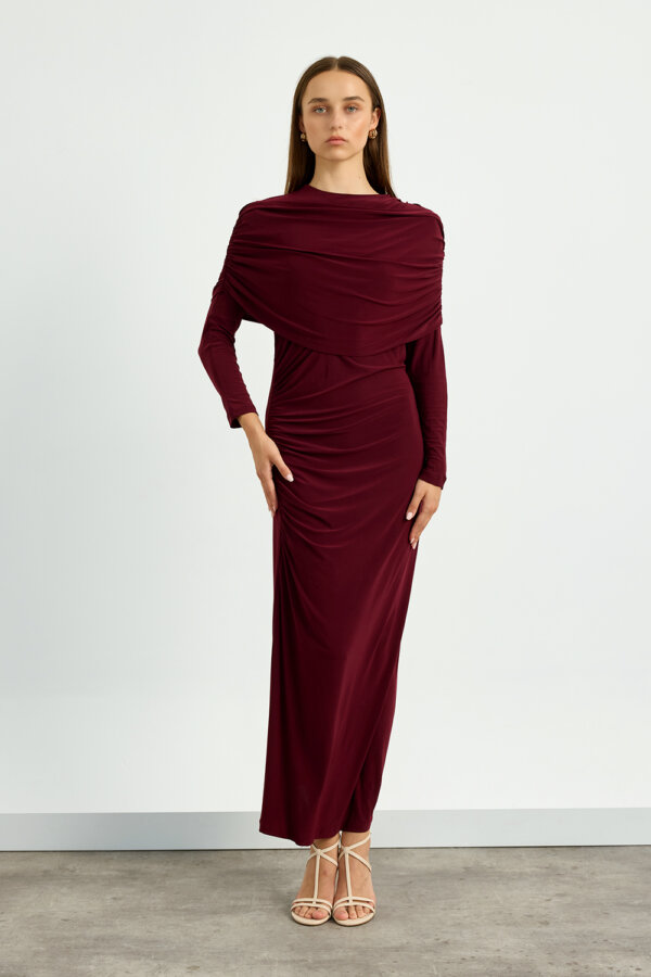 Bordo Omuz Detaylı Drape Elbise - Görsel 2