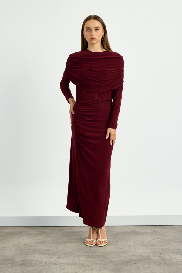 Bordo Omuz Detaylı Drape Elbise - Görsel 4