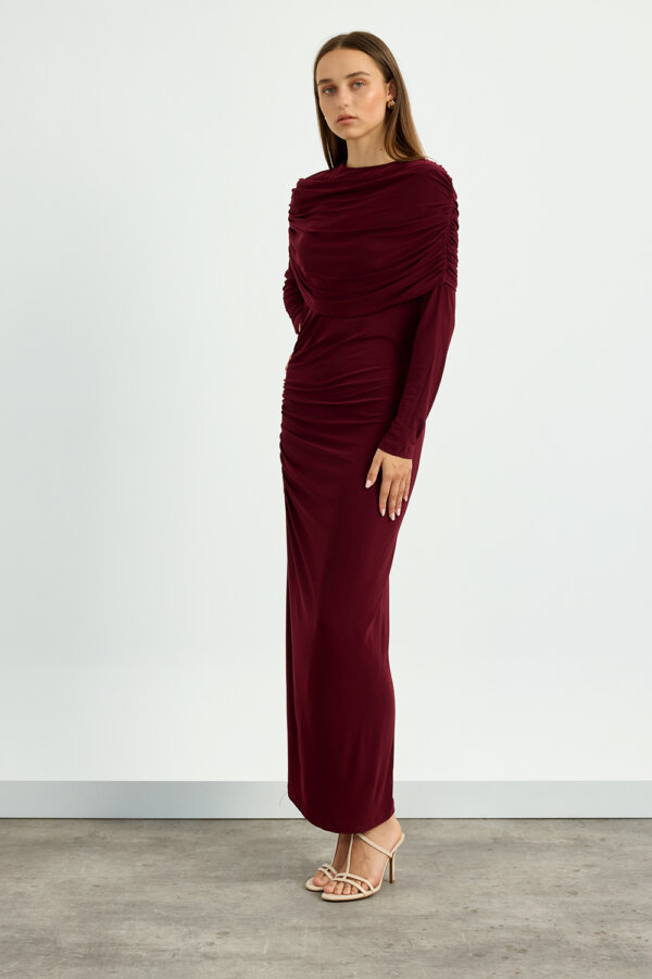 Bordo Omuz Detaylı Drape Elbise - Görsel 5