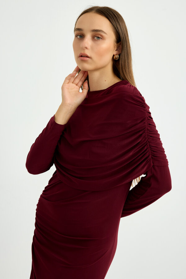 Bordo Omuz Detaylı Drape Elbise - Görsel 6