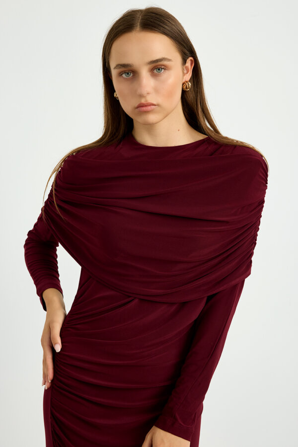 Bordo Omuz Detaylı Drape Elbise - Görsel 7