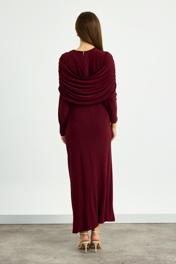 Bordo Omuz Detaylı Drape Elbise - Görsel 8