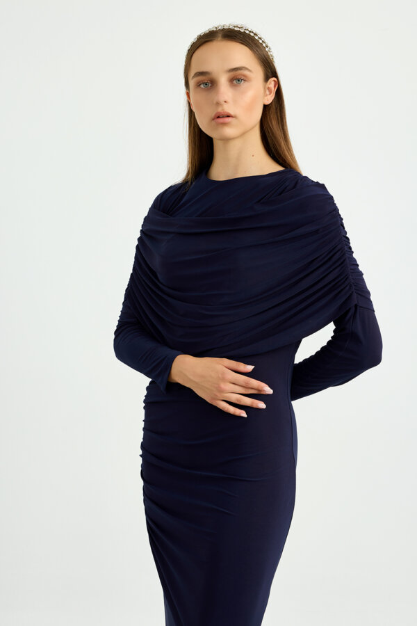 Lacivert Omuz Detaylı Drape Elbise - Görsel 8