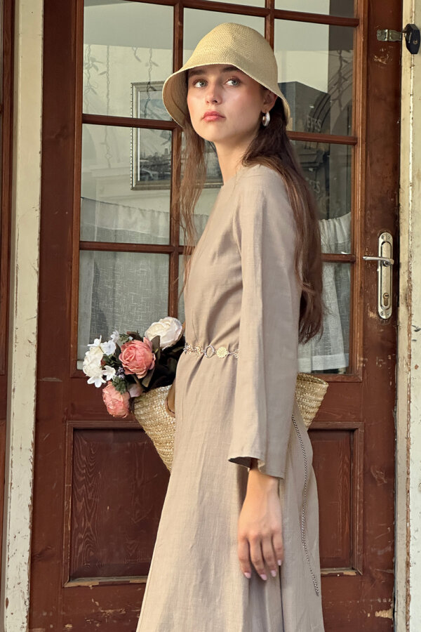 Haki Dikiş Detaylı Keten Elbise - Görsel 4