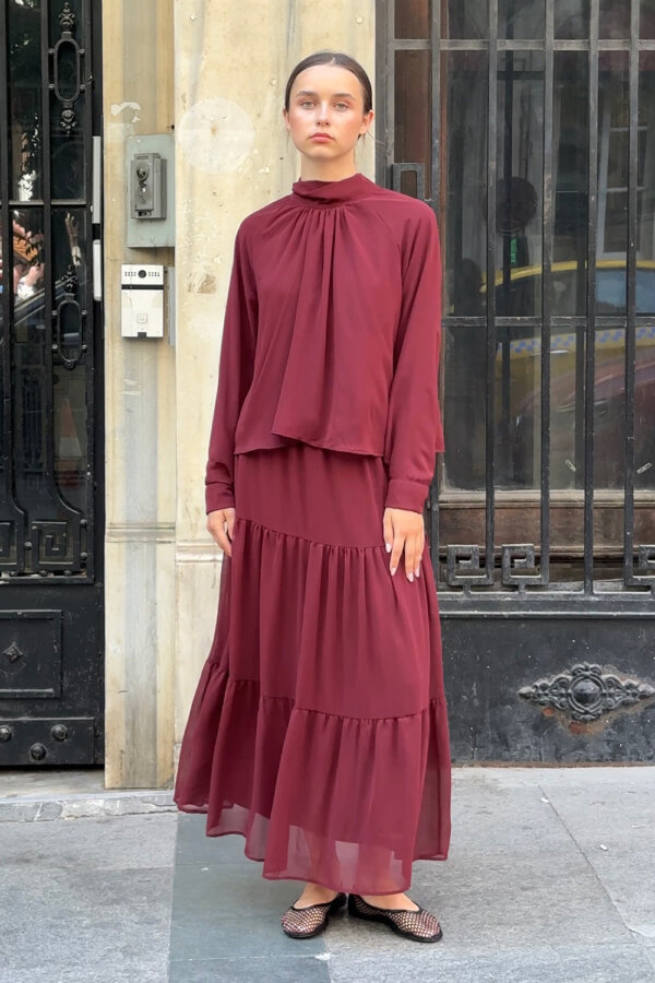 Bordo Şifon Etek Takım