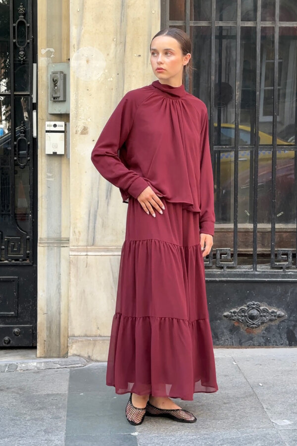 Bordo Şifon Etek Takım - Görsel 3