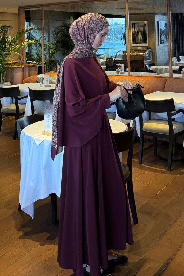 Bordo Pelerin Detaylı Elbise - Görsel 5
