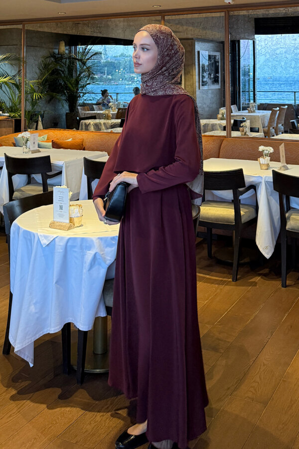 Bordo Pelerin Detaylı Elbise - Görsel 4