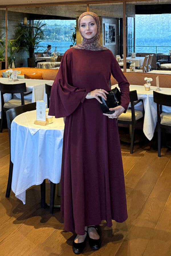Bordo Pelerin Detaylı Elbise - Görsel 2