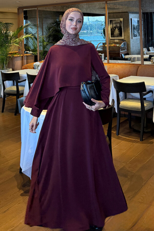 Bordo Pelerin Detaylı Elbise - Görsel 3
